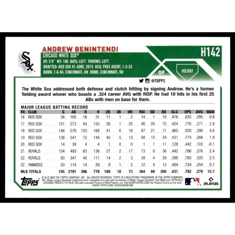 2023 Topps Holiday #H142 Andrew Benintendi NM-MT Chicago White Sox Baseball Card - Baseball Card Single