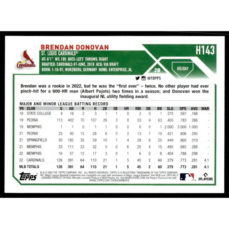 2023 Topps Holiday #H143 Brendan Donovan NM-MT St. Louis Cardinals Baseball Card - Baseball Card Single