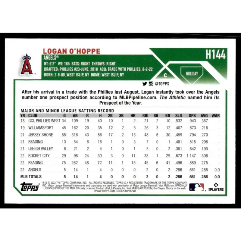 2023 Topps Holiday #H144 Logan O’Hoppe NM-MT RC Rookie Los Angeles Angels Baseball Card - Baseball Card Single