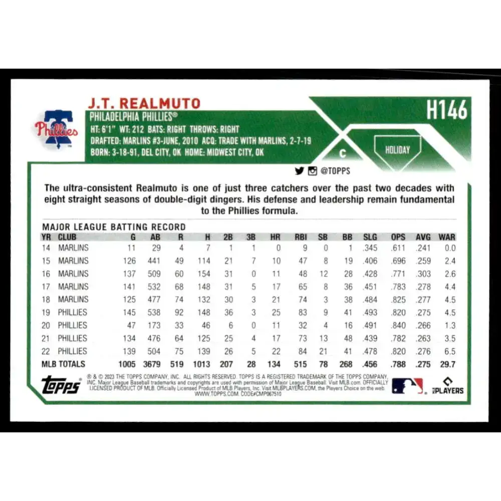 2023 Topps Holiday #H146 J.T. Realmuto NM-MT Philadelphia Phillies Baseball Card - Baseball Card Single