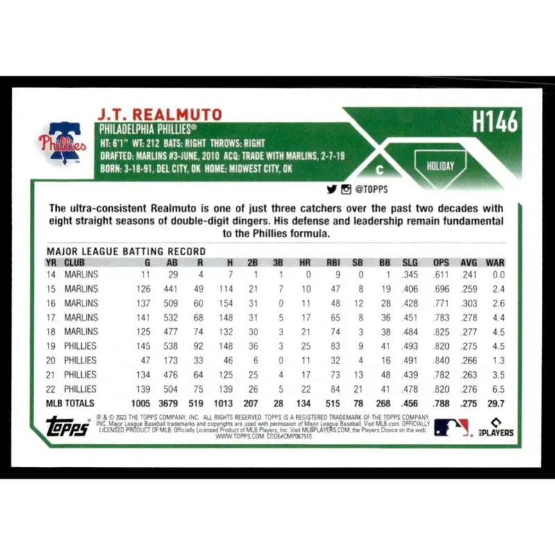 2023 Topps Holiday #H146 J.T. Realmuto NM-MT Philadelphia Phillies Baseball Card - Baseball Card Single