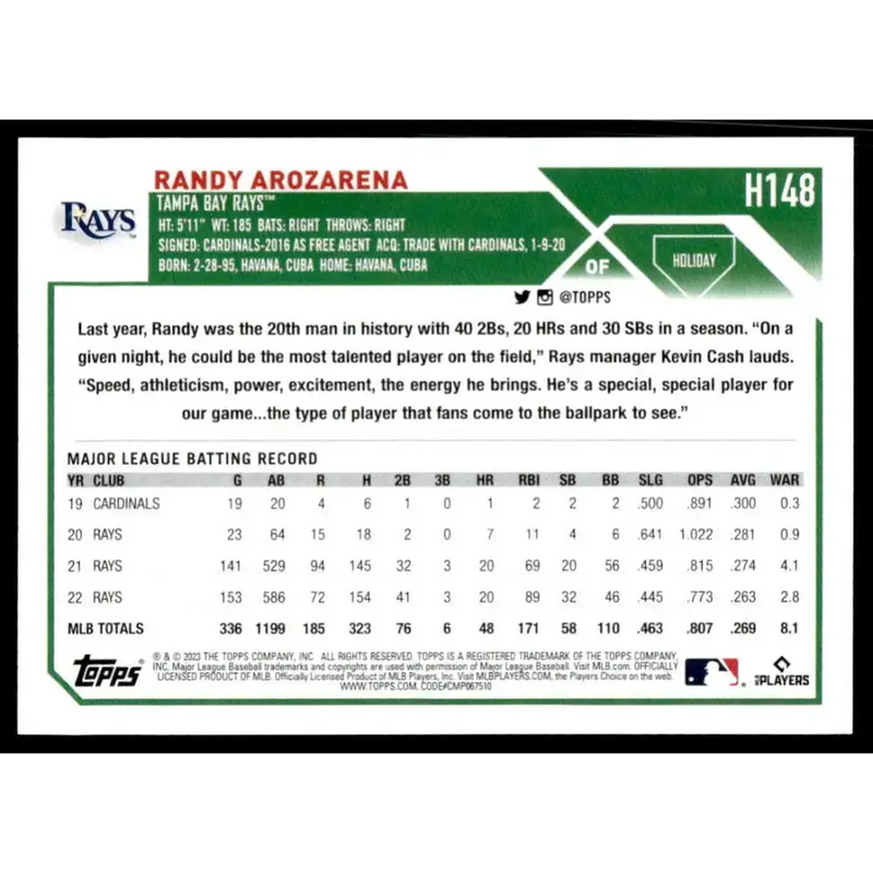 2023 Topps Holiday #H148 Randy Arozarena NM-MT Tampa Bay Rays Baseball Card - Baseball Card Single