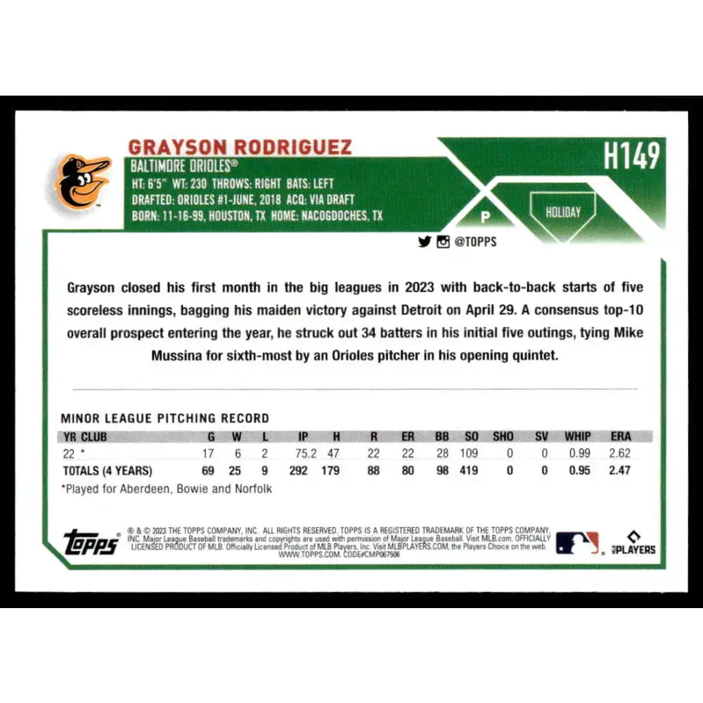 2023 Topps Holiday #H149 Grayson Rodriguez NM-MT RC Rookie Baltimore Orioles Baseball Card - Baseball Card Single