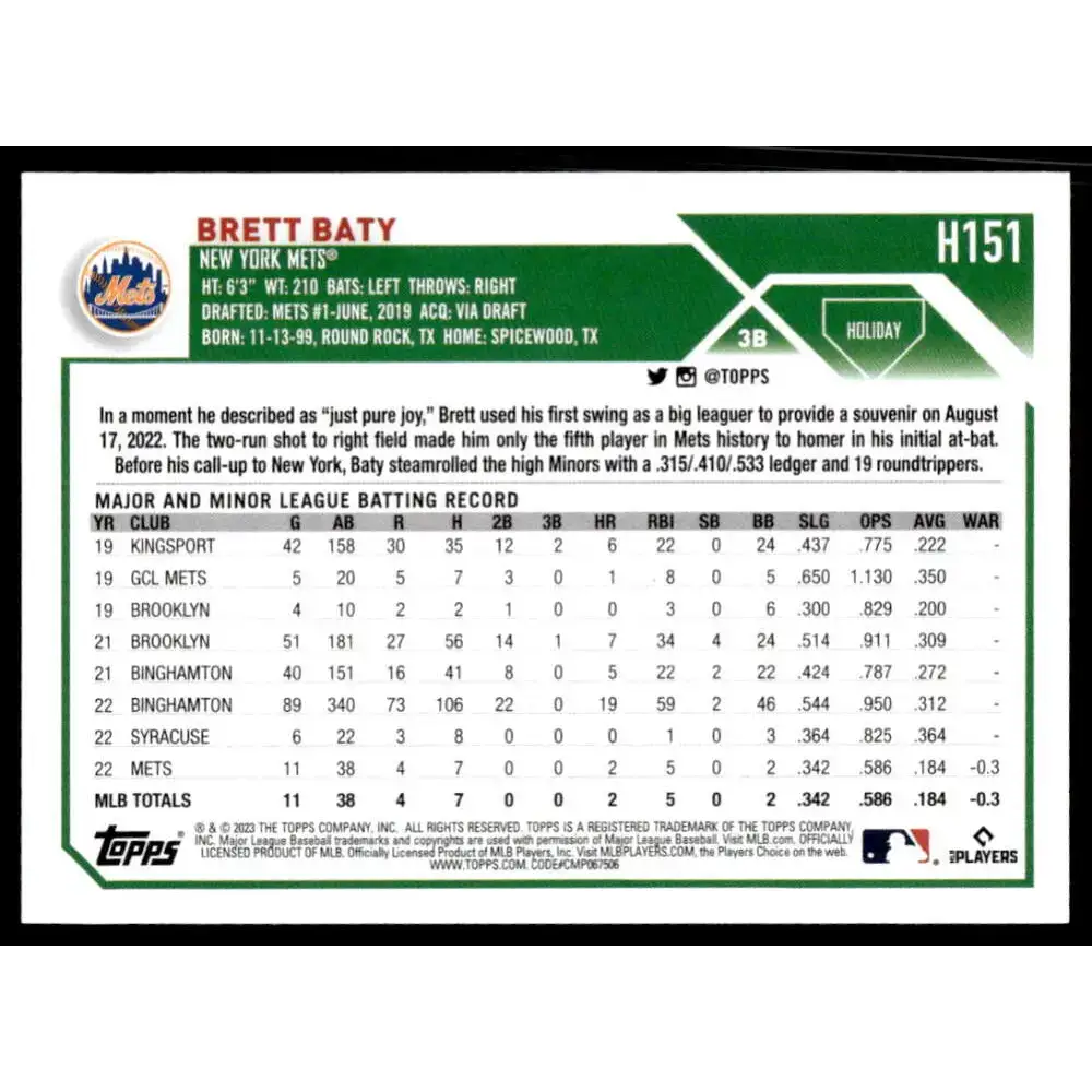 2023 Topps Holiday #H151 Brett Baty NM-MT RC Rookie New York Mets Baseball Card - Baseball Card Single