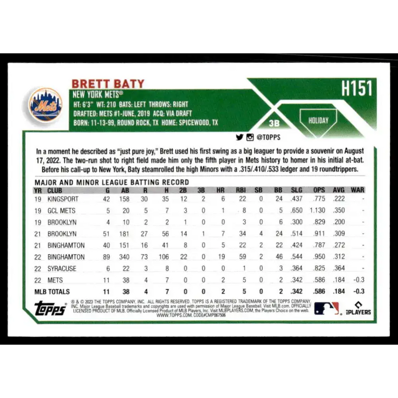 2023 Topps Holiday #H151 Brett Baty NM-MT RC Rookie New York Mets Baseball Card - Baseball Card Single