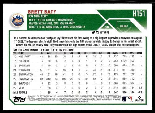 2023 Topps Holiday #H151 Brett Baty NM Near Mint RC Rookie Mets ID:66390 - Baseball Card Single
