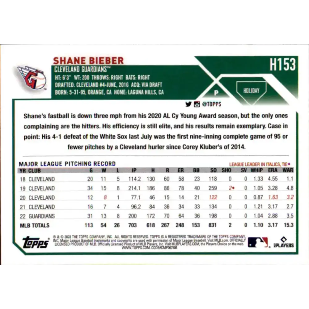 2023 Topps Holiday #H153 Shane Bieber NM-MT Cleveland Guardians Baseball Card - Baseball Card Single