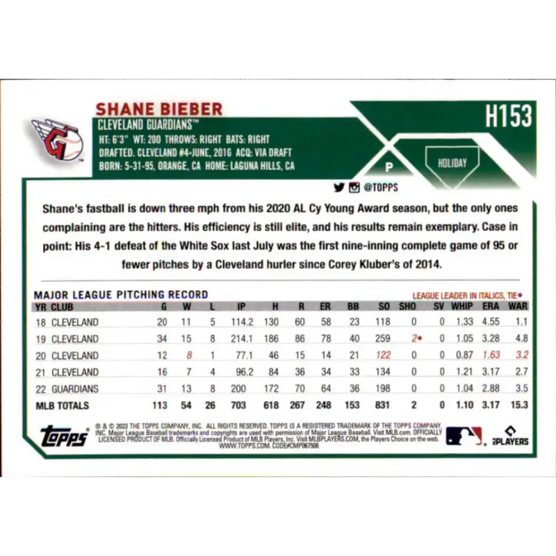 2023 Topps Holiday #H153 Shane Bieber NM-MT Cleveland Guardians Baseball Card - Baseball Card Single