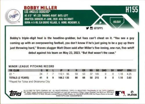 2023 Topps Holiday H155 Bobby Miller mint RC rookie baseball card with original gloss