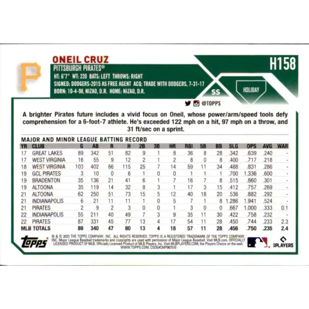 2023 Topps Holiday #H158 Oneil Cruz NM-MT Pittsburgh Pirates Baseball Card - Baseball Card Single
