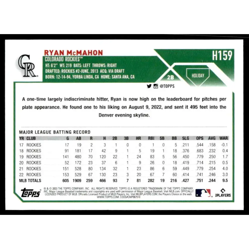 2023 Topps Holiday #H159 Ryan McMahon NM-MT Colorado Rockies Baseball Card - Baseball Card Single