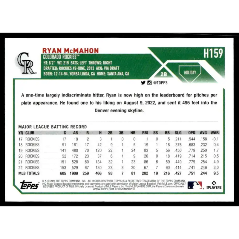 2023 Topps Holiday #H159 Ryan McMahon NM-MT Colorado Rockies Baseball Card - Baseball Card Single