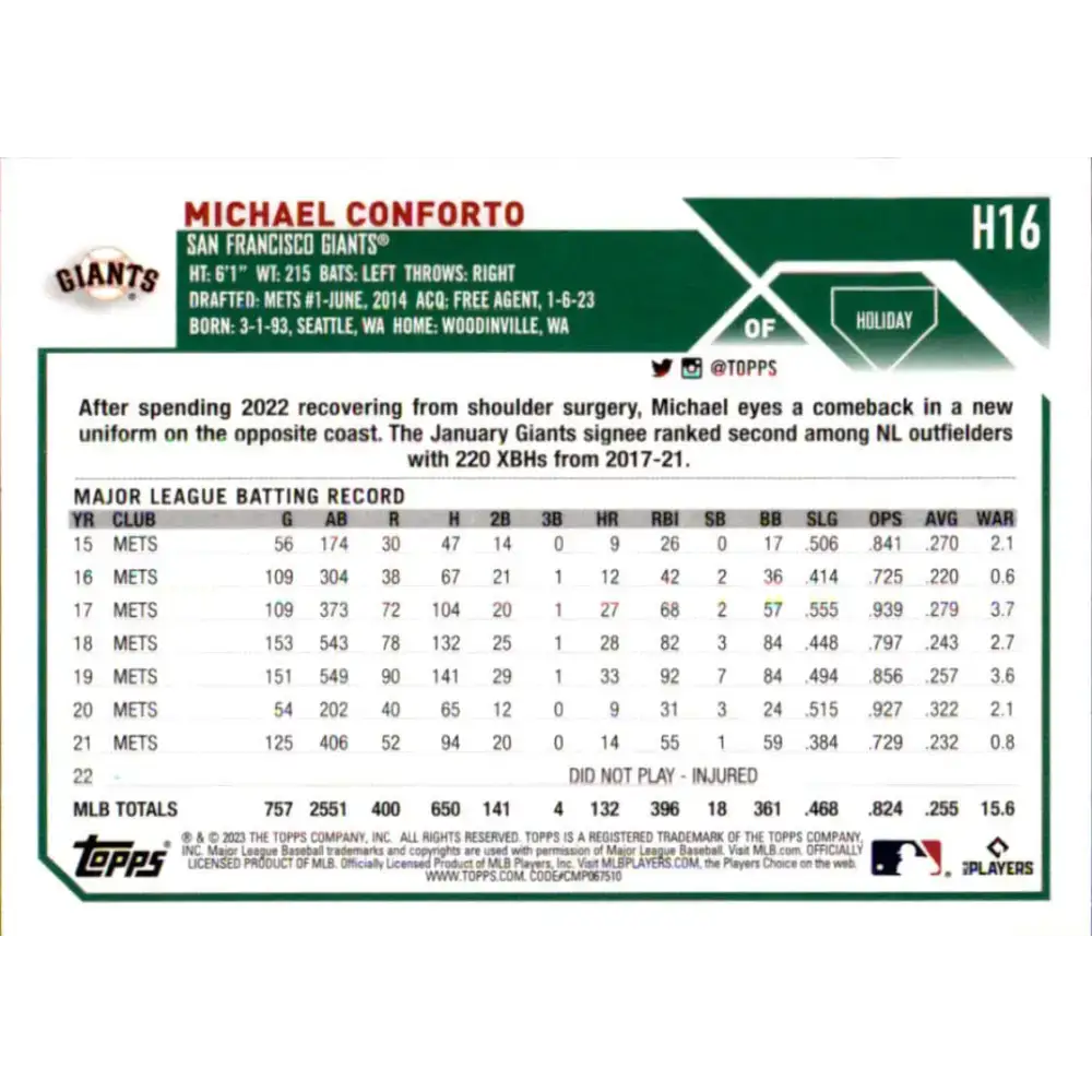 2023 Topps Holiday #H16 Michael Conforto NM-MT San Francisco Giants Baseball Card - Baseball Card Single