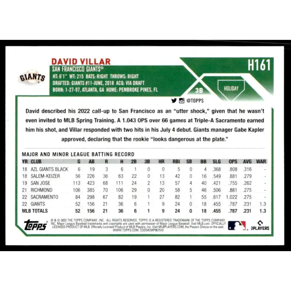 2023 Topps Holiday #H161 David Villar NM-MT RC Rookie San Francisco Giants Baseball Card - Baseball Card Single