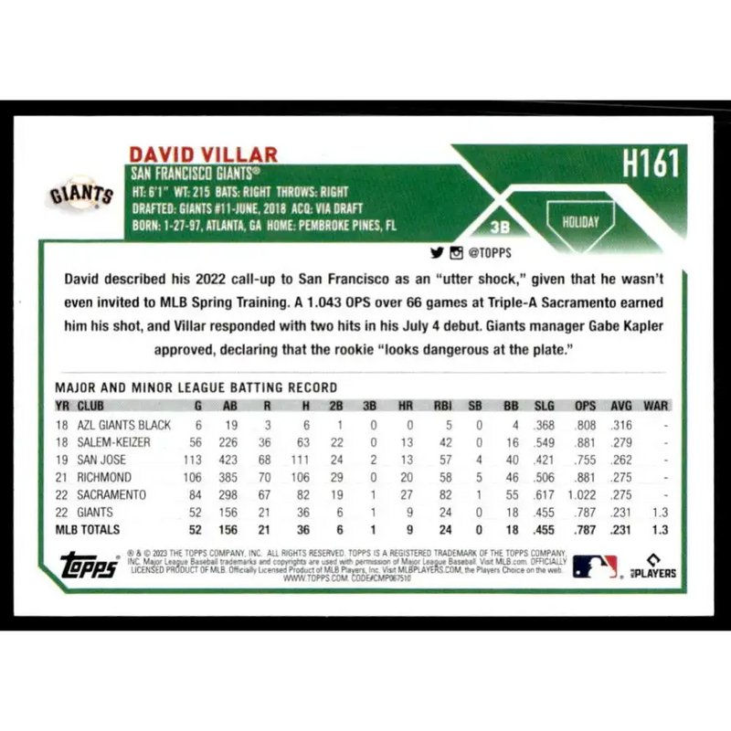 2023 Topps Holiday #H161 David Villar NM-MT RC Rookie San Francisco Giants Baseball Card - Baseball Card Single