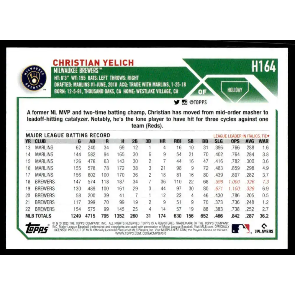 2023 Topps Holiday #H164 Christian Yelich NM-MT Milwaukee Brewers Baseball Card - Baseball Card Single
