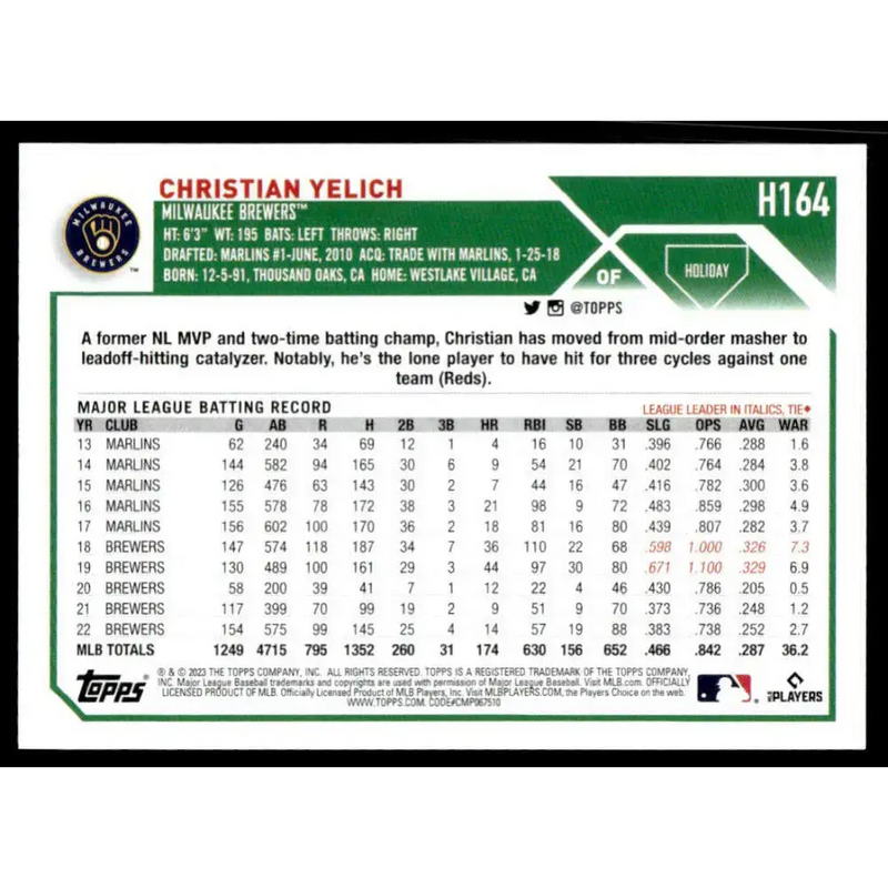 2023 Topps Holiday #H164 Christian Yelich NM-MT Milwaukee Brewers Baseball Card - Baseball Card Single
