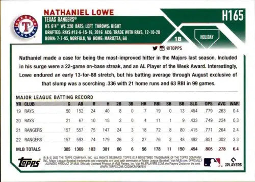 2023 Topps Holiday H165 Nathaniel Lowe baseball card near mint Rangers ID 66555
