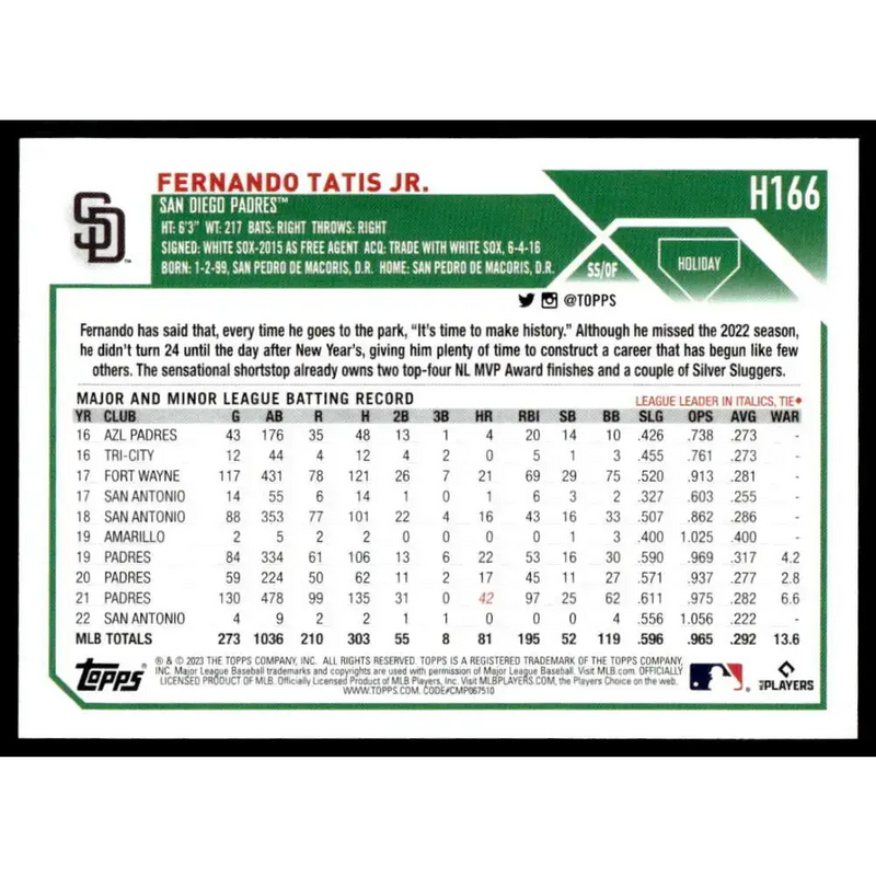 2023 Topps Holiday #H166 Fernando Tatis Jr. NM-MT San Diego Padres Baseball Card - Baseball Card Single