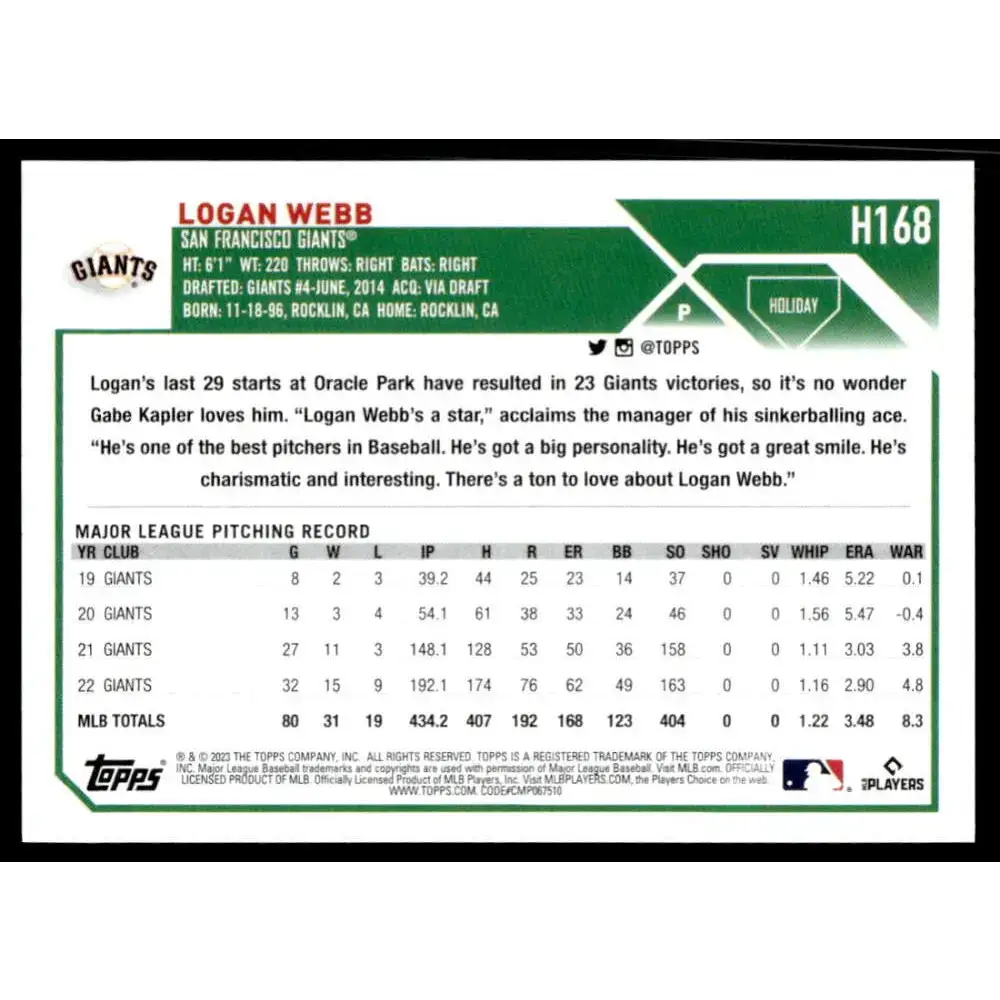 2023 Topps Holiday #H168 Logan Webb NM-MT San Francisco Giants Baseball Card - Baseball Card Single