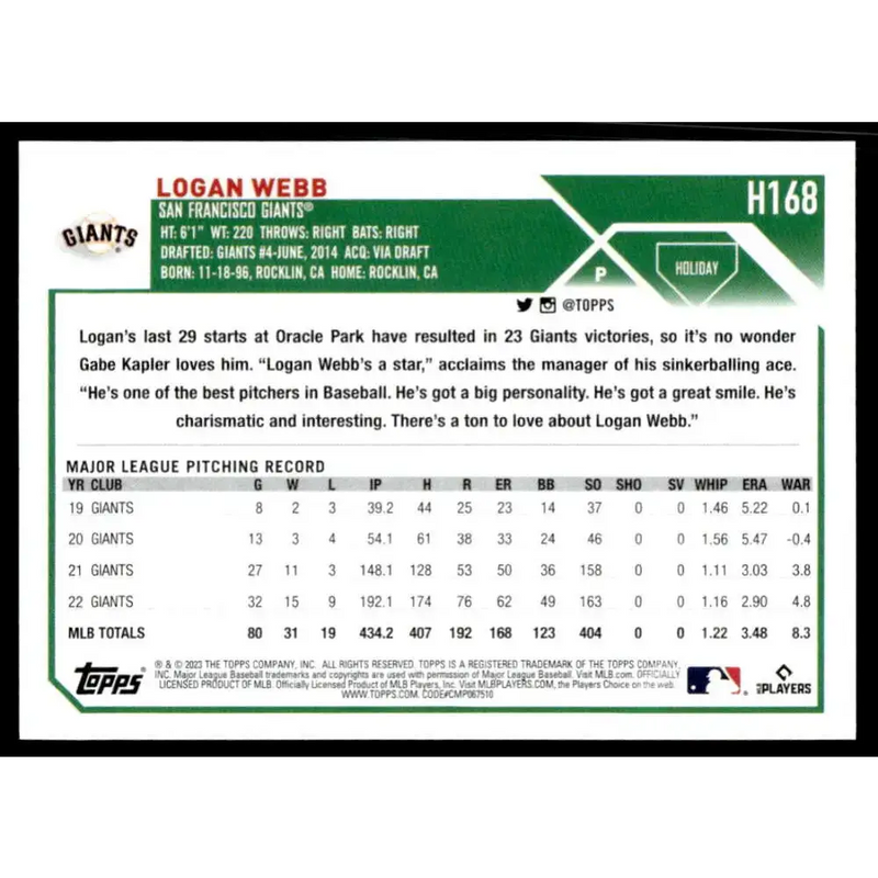 2023 Topps Holiday #H168 Logan Webb NM-MT San Francisco Giants Baseball Card - Baseball Card Single