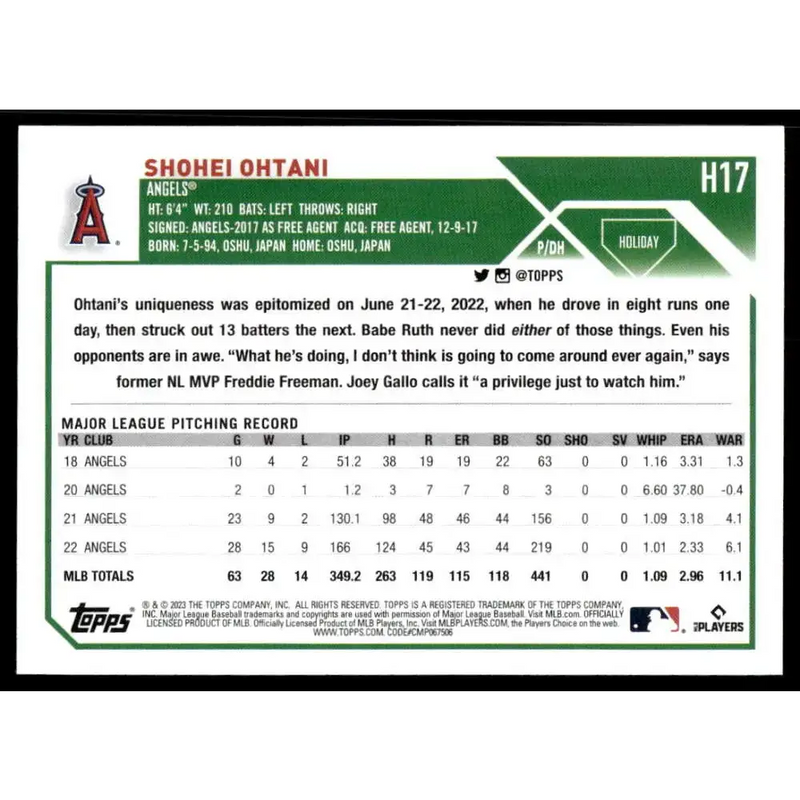 2023 Topps Holiday #H17 Shohei Ohtani NM-MT Los Angeles Angels Baseball Card - Baseball Card Single