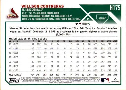 2023 Topps Holiday #H175 Willson Contreras NM Near Mint Cardinals ID:66570 - Baseball Card Single