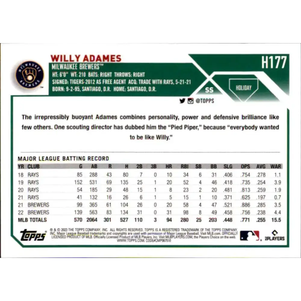 2023 Topps Holiday #H177 Willy Adames NM-MT Milwaukee Brewers Baseball Card - Baseball Card Single