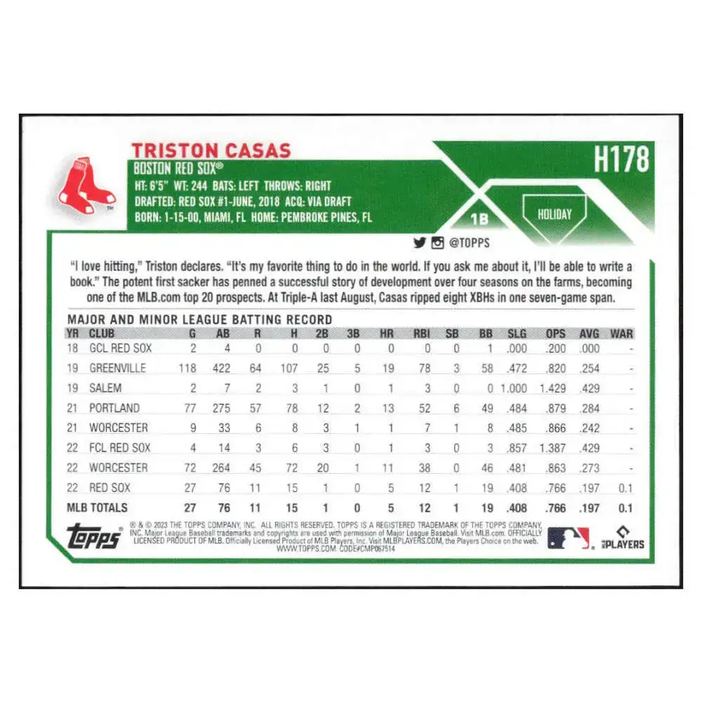 2023 Topps Holiday #H178 Triston Casas NM-MT RC Rookie Boston Red Sox Baseball Card - Baseball Card Single