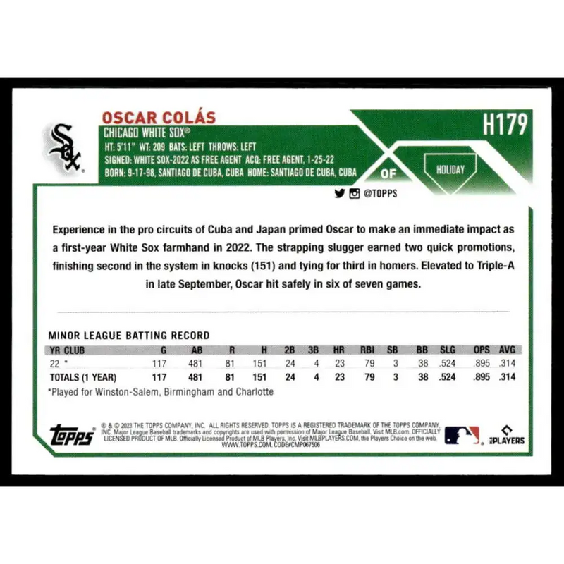 2023 Topps Holiday #H179 Oscar Colas NM-MT RC Rookie Chicago White Sox Baseball Card - Baseball Card Single