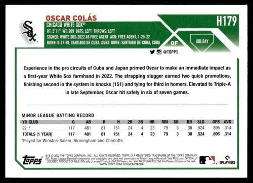 Baseball card back with original gloss from 2023 Topps Holiday featuring Oscar Colas