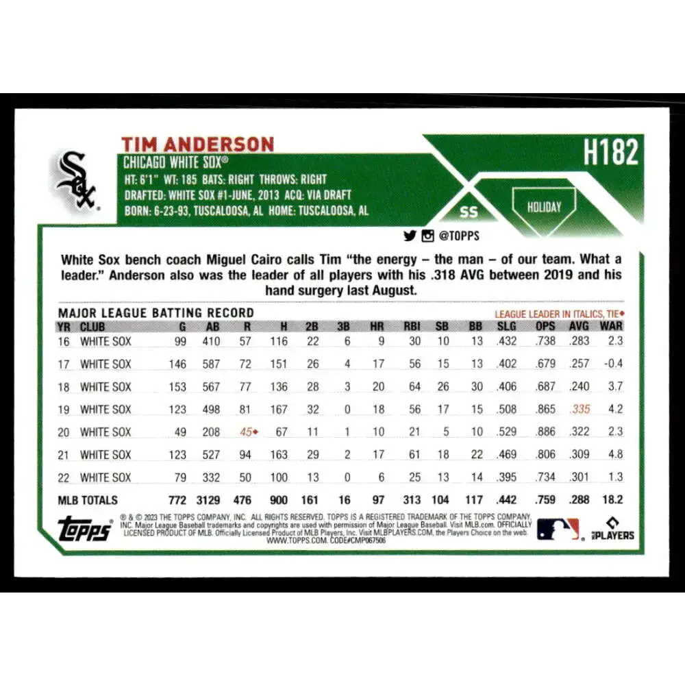 2023 Topps Holiday #H182 Tim Anderson NM-MT Chicago White Sox Baseball Card - Baseball Card Single