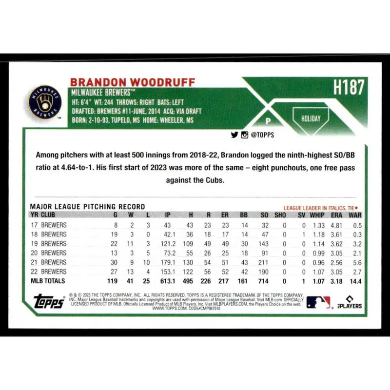 2023 Topps Holiday #H187 Brandon Woodruff NM-MT Milwaukee Brewers Baseball Card - Baseball Card Single