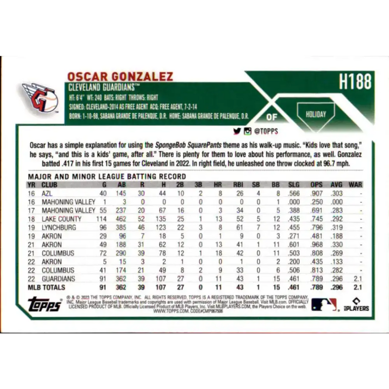 2023 Topps Holiday #H188 Oscar Gonzalez NM-MT RC Rookie Cleveland Guardians Baseball Card - Baseball Card Single