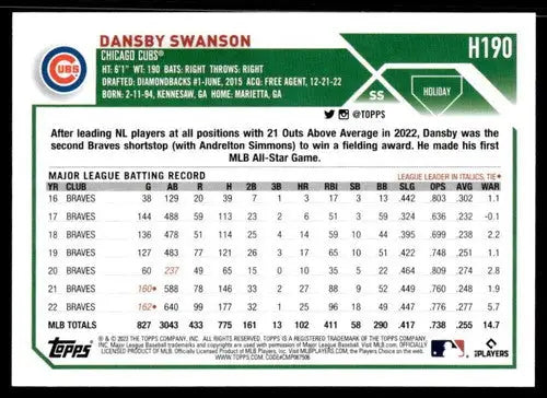 Original gloss 2023 Topps Holiday H190 Dansby Swanson Cubs baseball card image