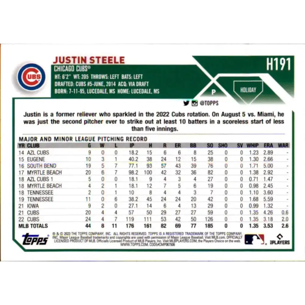 2023 Topps Holiday #H191 Justin Steele NM-MT RC Rookie Chicago Cubs Baseball Card - Baseball Card Single