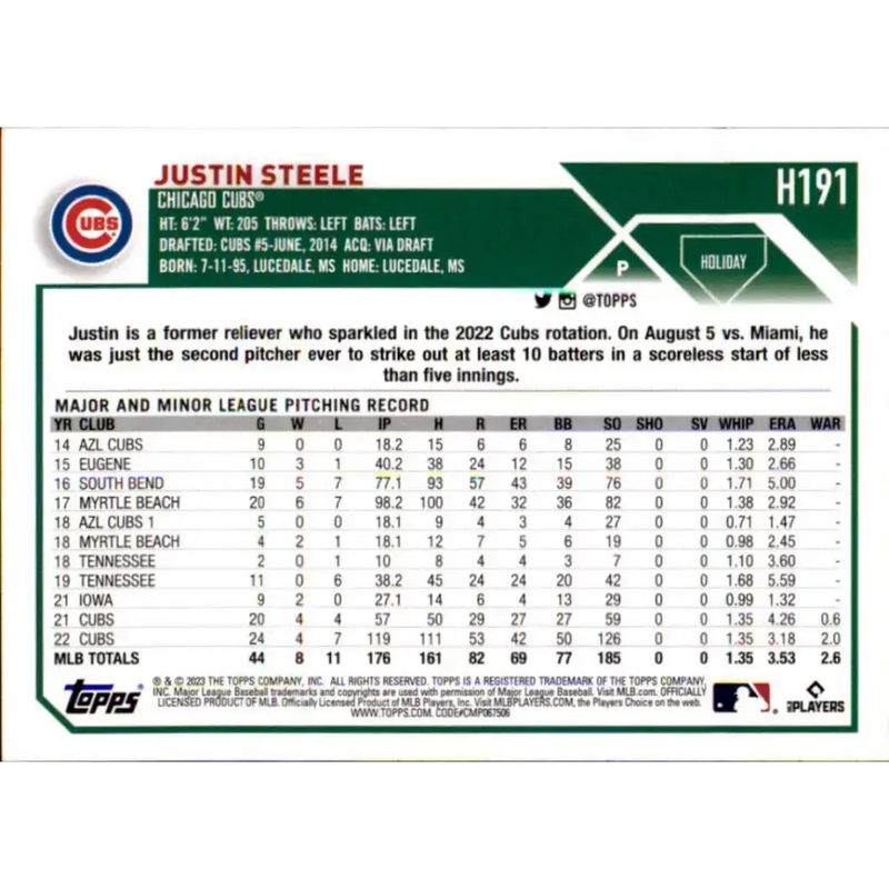2023 Topps Holiday #H191 Justin Steele NM-MT RC Rookie Chicago Cubs Baseball Card - Baseball Card Single