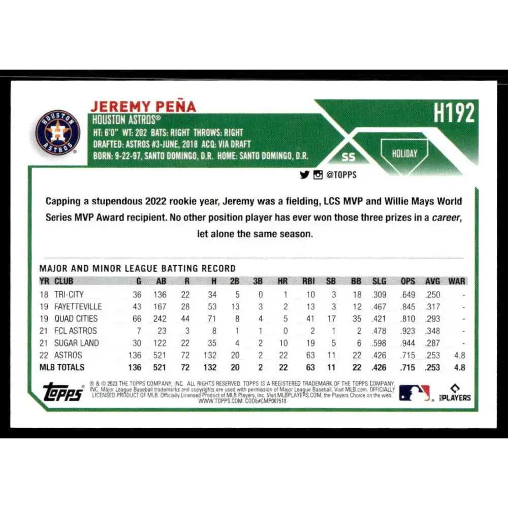 2023 Topps Holiday #H192 Jeremy Pena NM-MT Houston Astros Baseball Card - Baseball Card Single