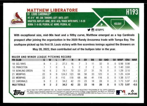 2023 Topps Holiday #H193 Matthew Liberatore NM Near Mint RC Rookie Card ID:66605 - Baseball Card Single