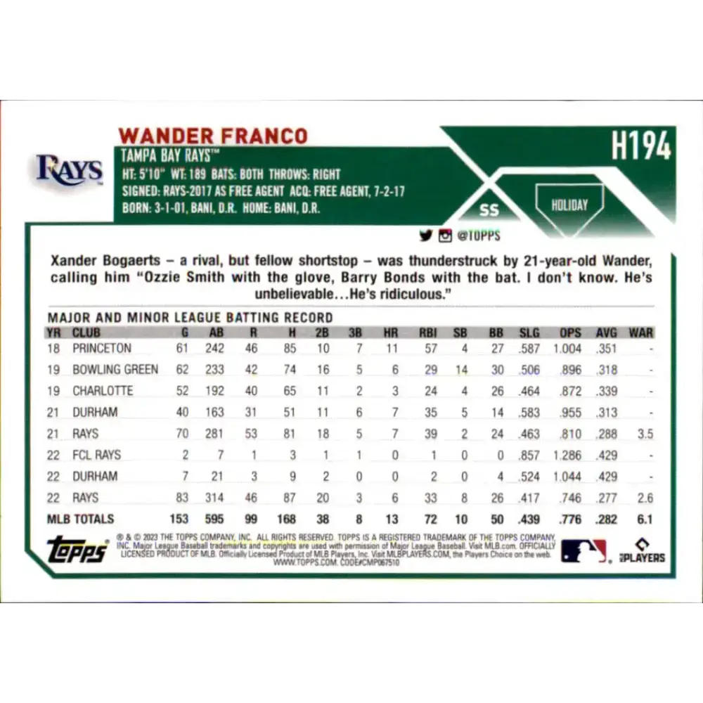 2023 Topps Holiday #H194 Wander Franco NM-MT Tampa Bay Rays Baseball Card - Baseball Card Single