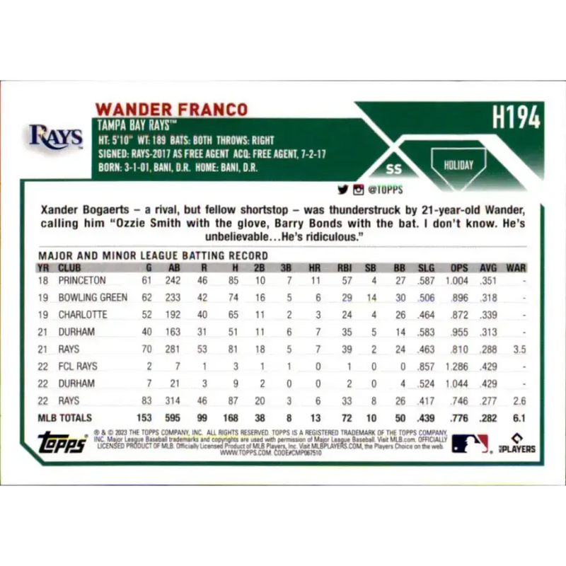 2023 Topps Holiday #H194 Wander Franco NM-MT Tampa Bay Rays Baseball Card - Baseball Card Single