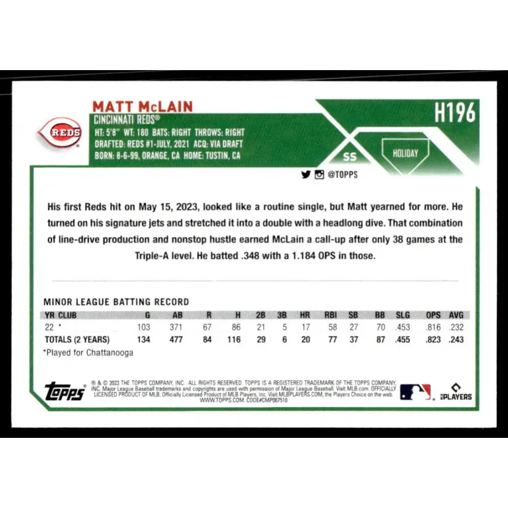 2023 Topps Holiday #H196 Matt McLain NM-MT RC Rookie Cincinnati Reds Baseball Card - Baseball Card Single