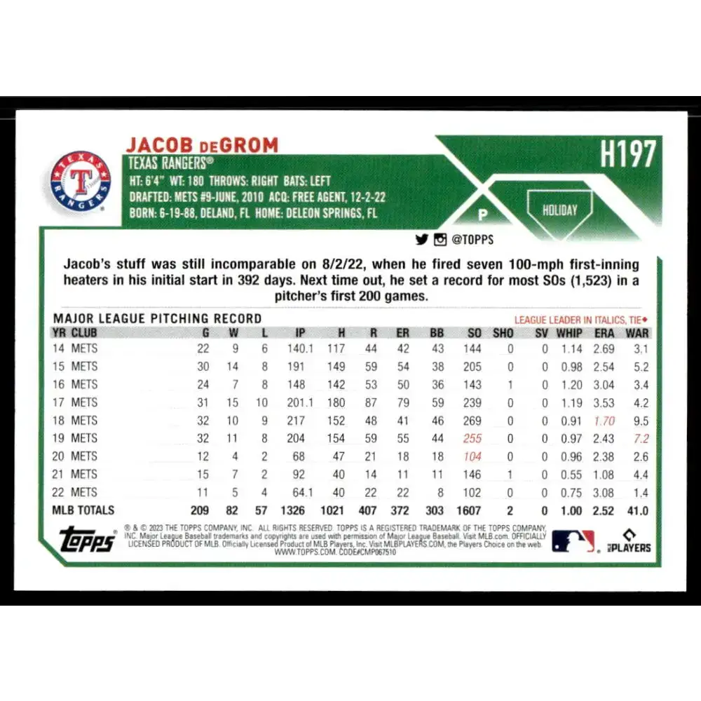 2023 Topps Holiday #H197 Jacob deGrom NM-MT Texas Rangers Baseball Card - Baseball Card Single
