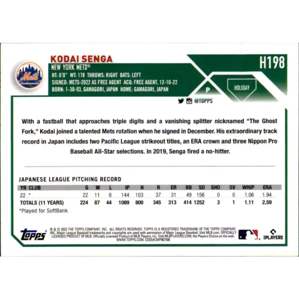 2023 Topps Holiday #H198 Kodai Senga NM-MT RC Rookie New York Mets Baseball Card - Baseball Card Single