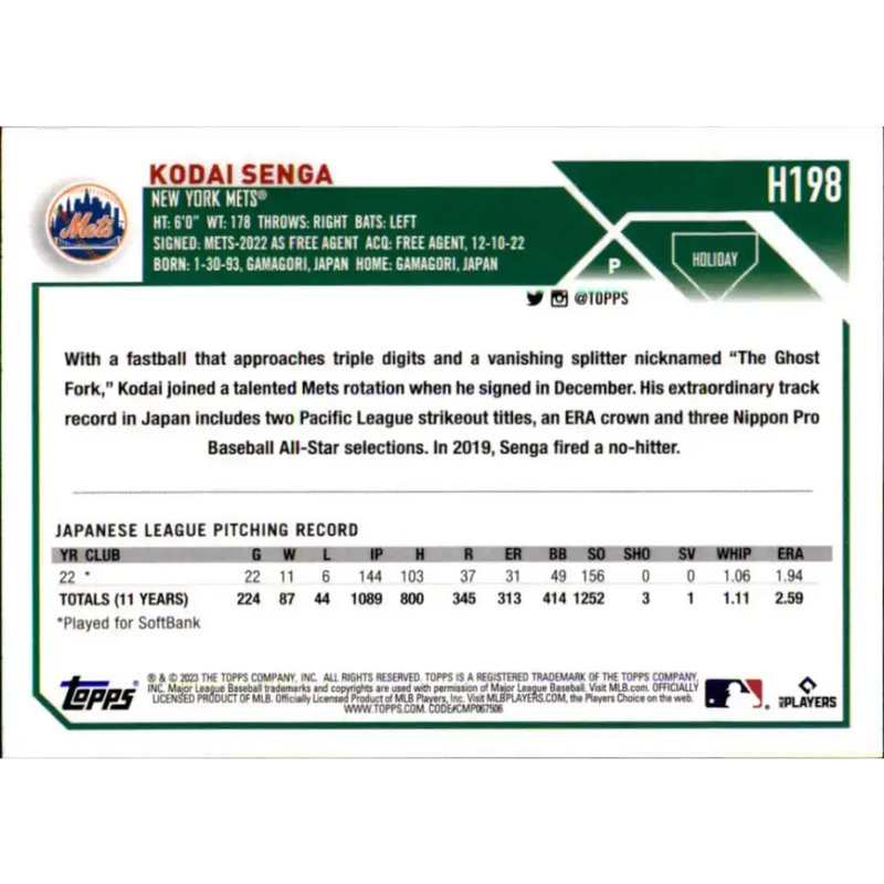 2023 Topps Holiday #H198 Kodai Senga NM-MT RC Rookie New York Mets Baseball Card - Baseball Card Single