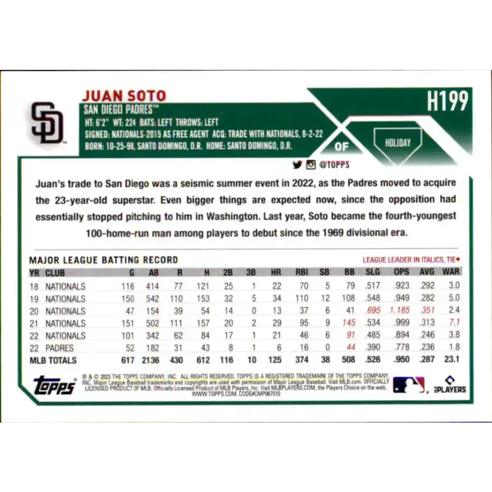 2023 Topps Holiday #H199 Juan Soto NM-MT San Diego Padres Baseball Card - Baseball Card Single