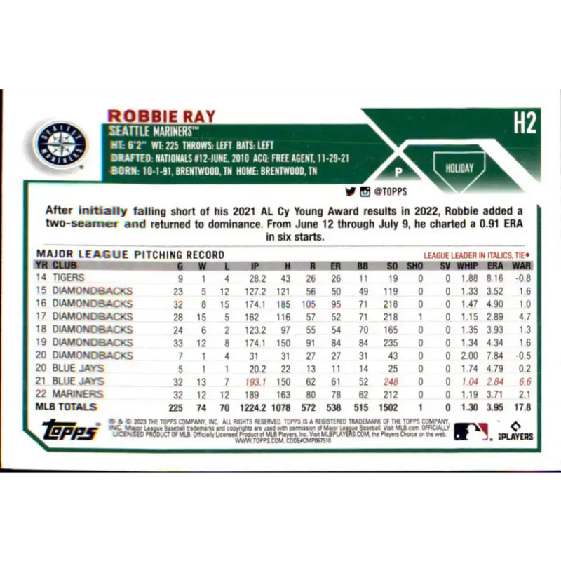 2023 Topps Holiday #H2 Robbie Ray NM-MT Seattle Mariners Baseball Card - Baseball Card Single