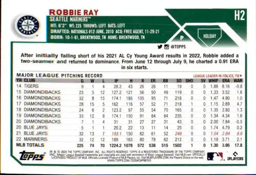 Baseball card back with original gloss from 2023 Topps Holiday Robbie Ray Mariners