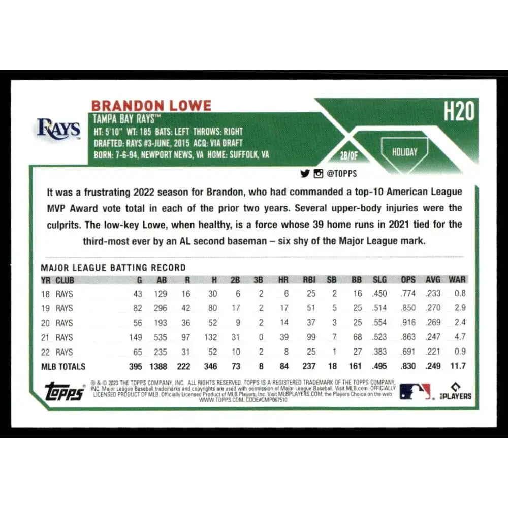 2023 Topps Holiday #H20 Brandon Lowe NM-MT Tampa Bay Rays Baseball Card - Baseball Card Single