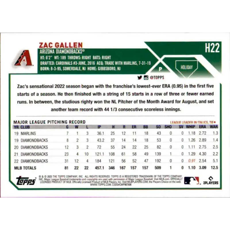 2023 Topps Holiday #H22 Zac Gallen NM-MT Arizona Diamondbacks Baseball Card - Baseball Card Single